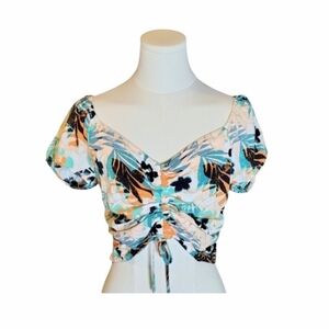 Roxy Beachy Cropped Tropical Peach Teal Smocked Blouse Size Large